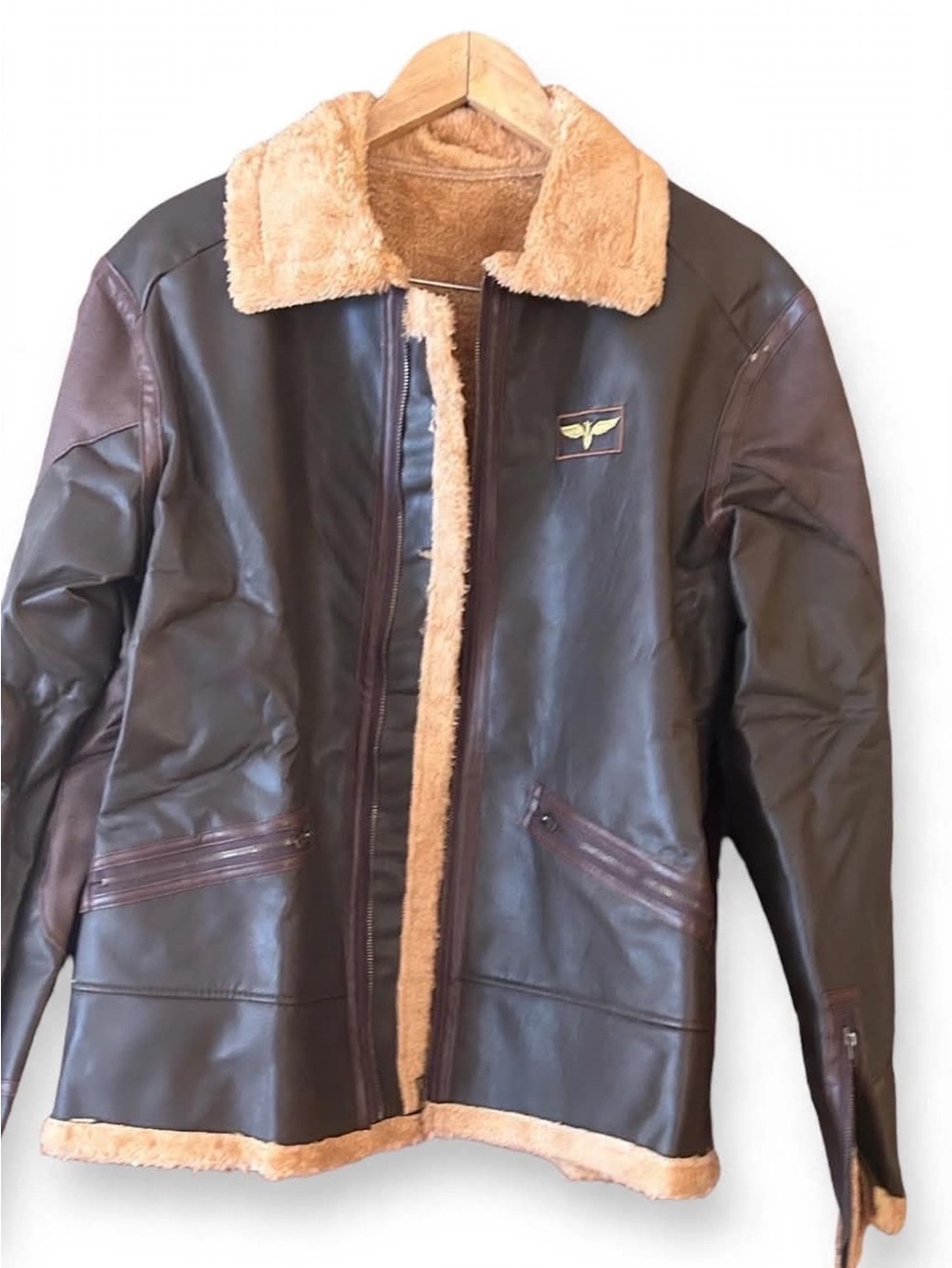 WT Mens XL Sherpa Aviator Bomber Jacket Brown Faux Leather Flight Winter Warm